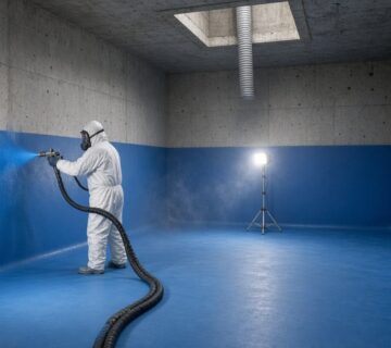 Polyurea tank lining: applicator in protective suit and respirator spraying a blue polyurea liner on the inside wall of a concrete tank