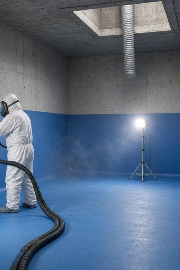 Polyurea tank lining: applicator in protective suit and respirator spraying a blue polyurea liner on the inside wall of a concrete tank