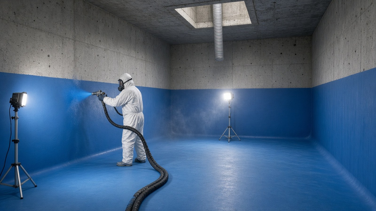 Polyurea tank lining: applicator in protective suit and respirator spraying a blue polyurea liner on the inside wall of a concrete tank