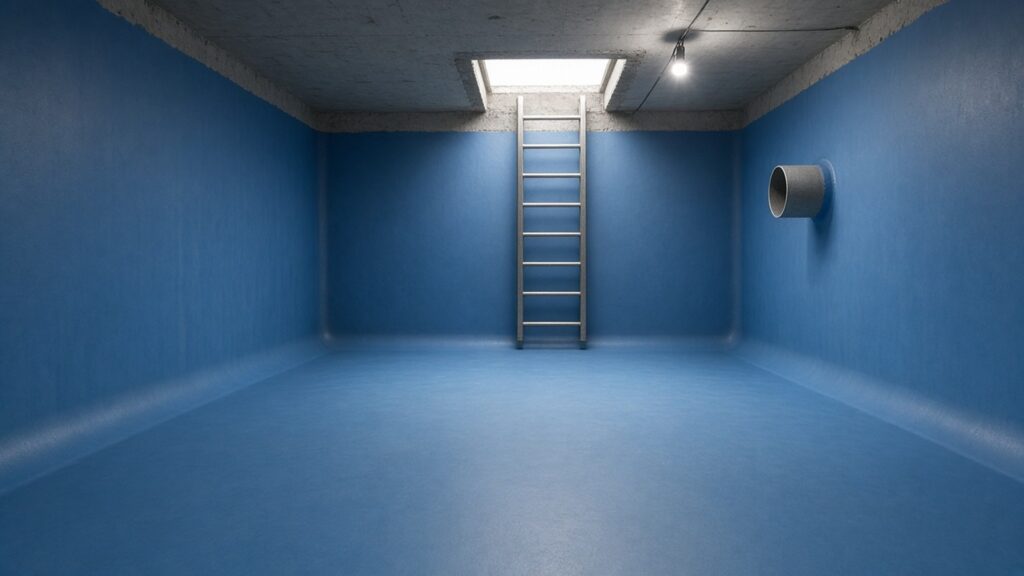 Inside of a concrete tank after polyurea tank lining, with a blue membrane over the floor, walls and coved corners