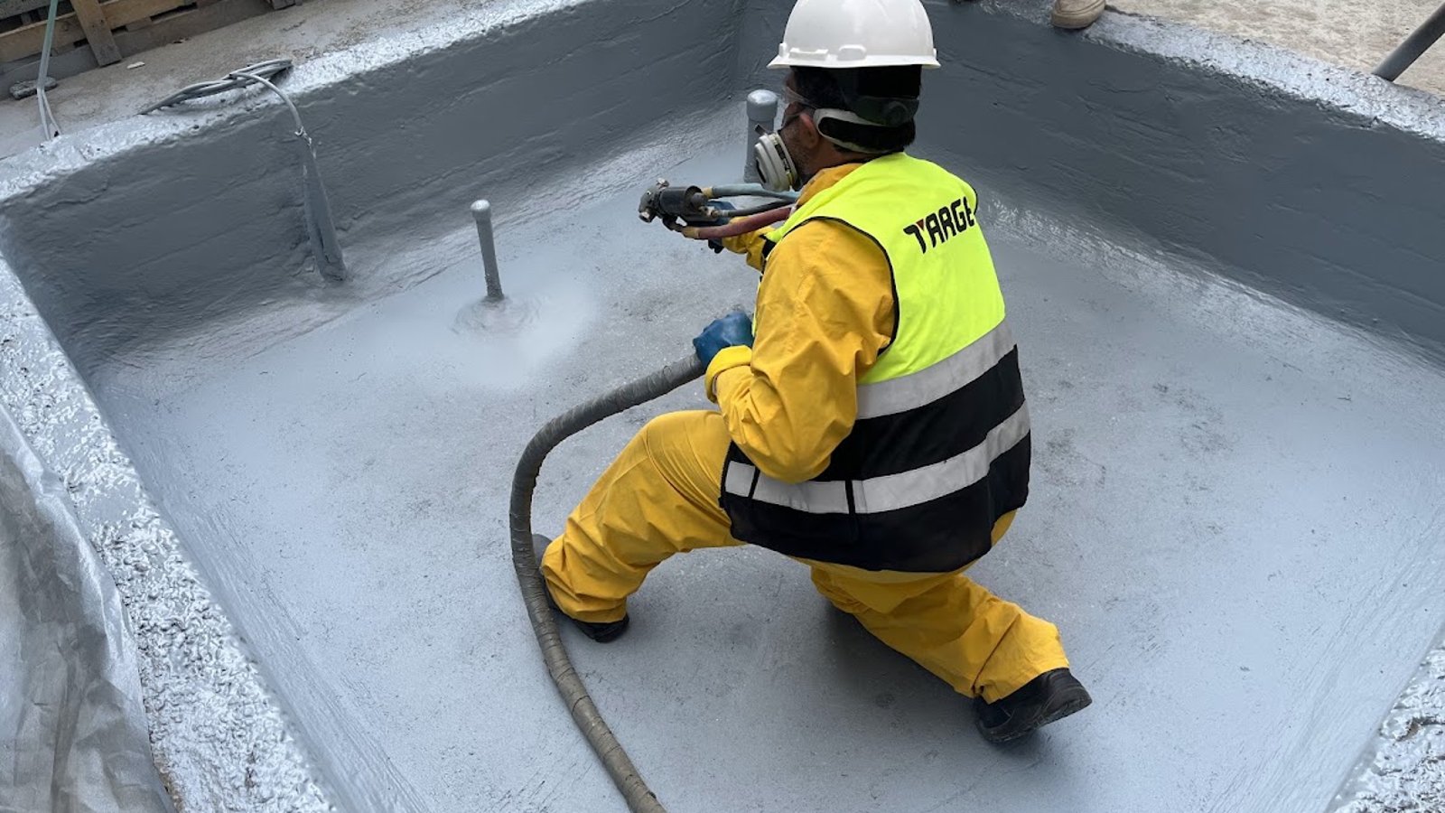 Target technician spraying polyurea inside a concrete fountain basin