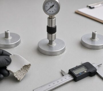 Polyurea certifications rest on tests such as adhesion and thickness: pull-off tester and caliper on a grey polyurea membrane