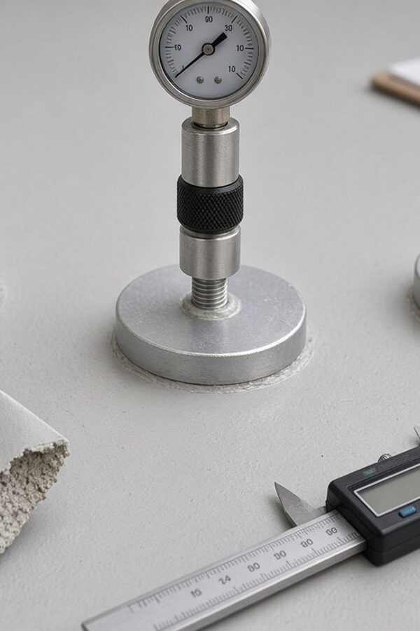Polyurea certifications rest on tests such as adhesion and thickness: pull-off tester and caliper on a grey polyurea membrane
