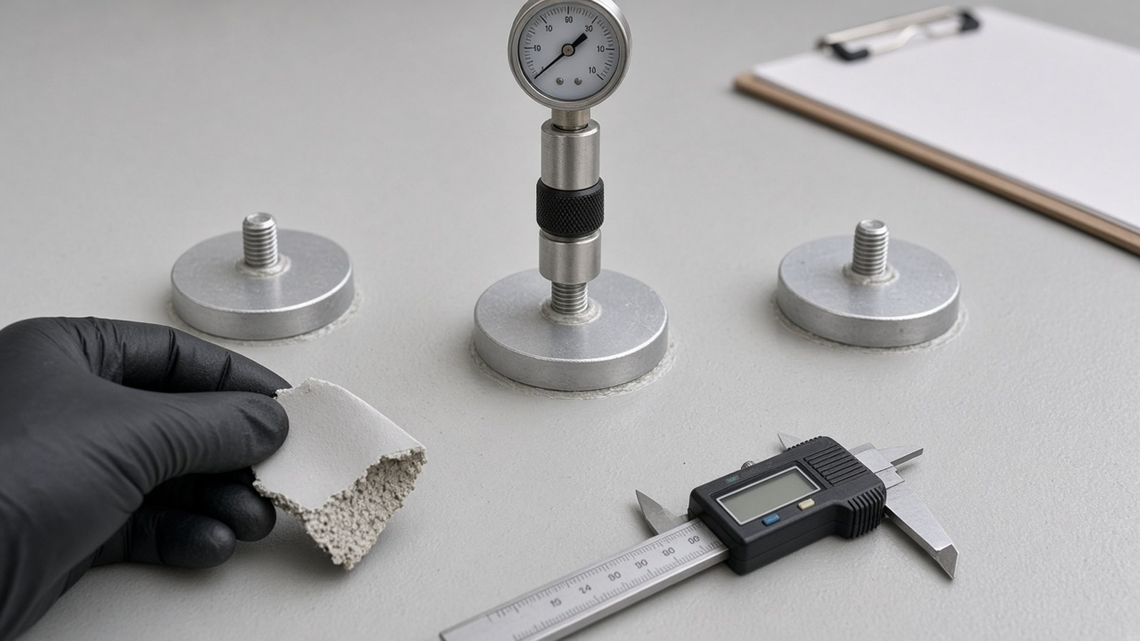 Polyurea certifications rest on tests such as adhesion and thickness: pull-off tester and caliper on a grey polyurea membrane