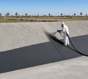 Polyurea pond lining: applicator spraying a dark polyurea layer on the slopes of an empty concrete irrigation basin