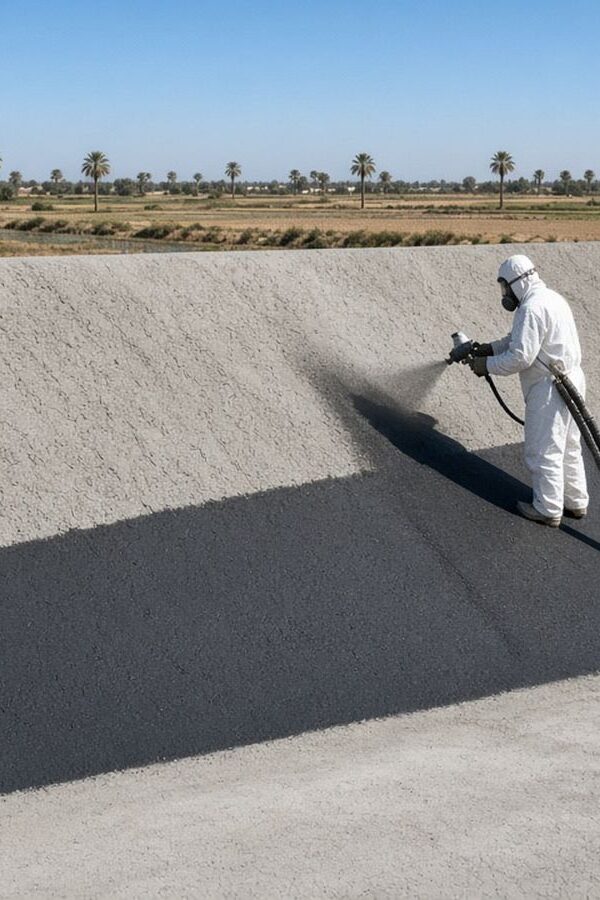 Polyurea pond lining: applicator spraying a dark polyurea layer on the slopes of an empty concrete irrigation basin