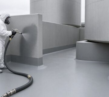 Polyurea wastewater lining and secondary containment: applicator spraying a grey liner on the walls of a bund around storage tanks