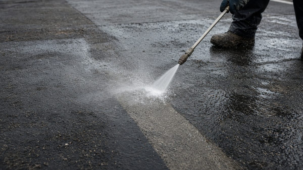 Power-washing the old roof before re-roofing over existing membrane