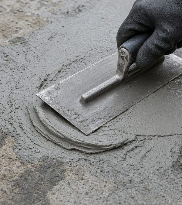 Rigid cementitious waterproofing being troweled onto a damp concrete slab before finishes