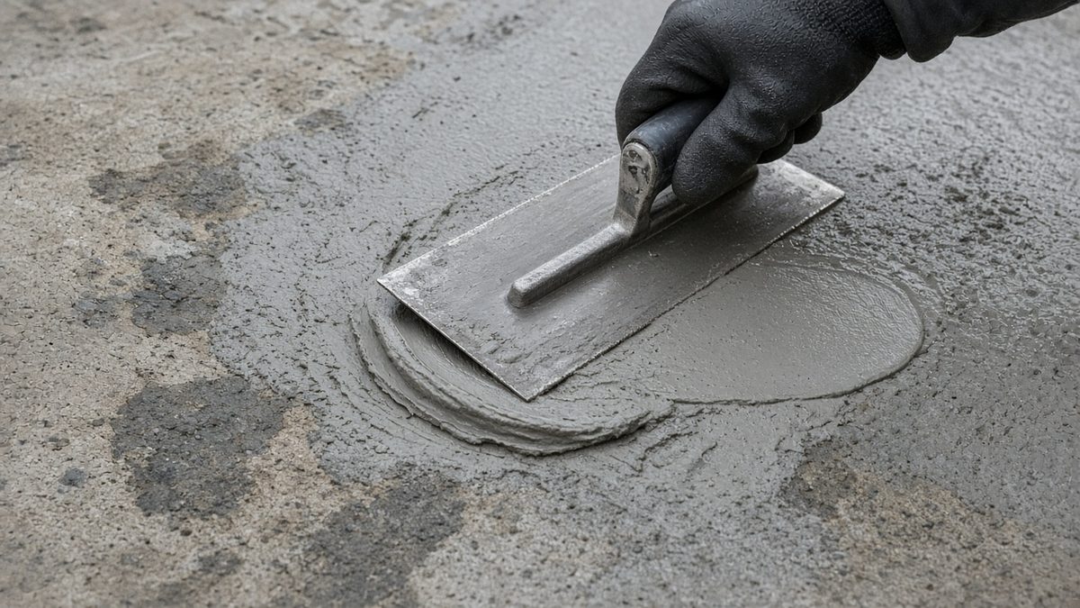 Rigid cementitious waterproofing being troweled onto a damp concrete slab before finishes