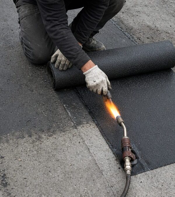 Torch-applying an SBS modified bitumen membrane on a concrete roof with overlapping laps