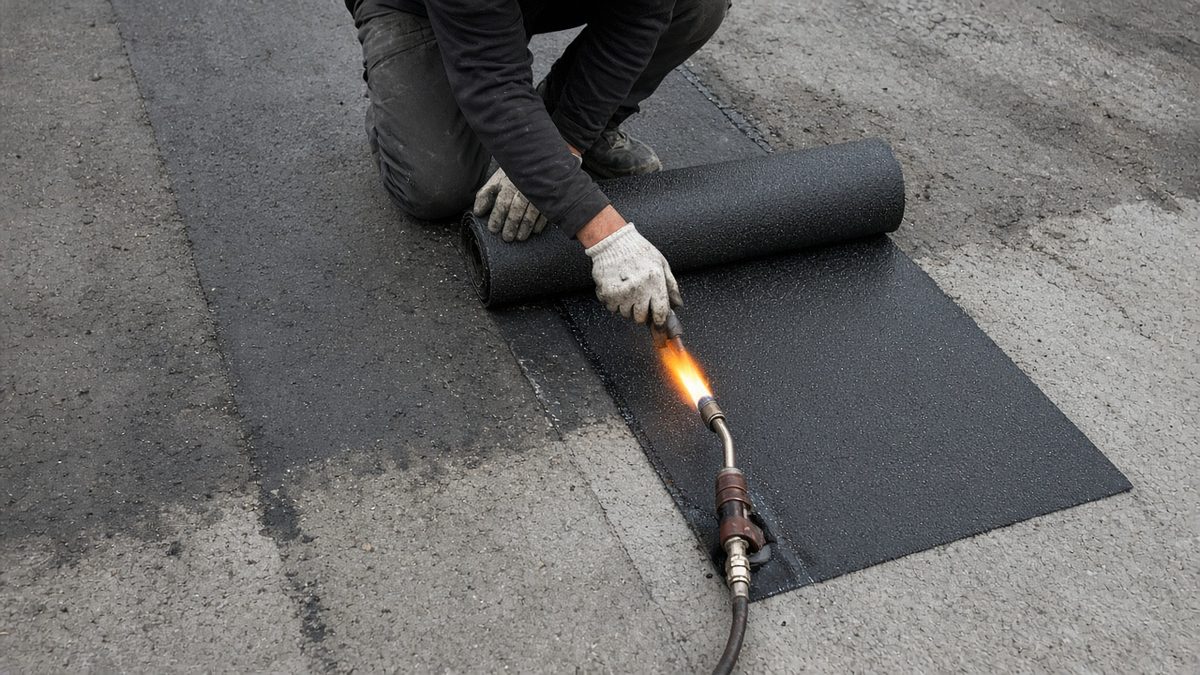 Torch-applying an SBS modified bitumen membrane on a concrete roof with overlapping laps
