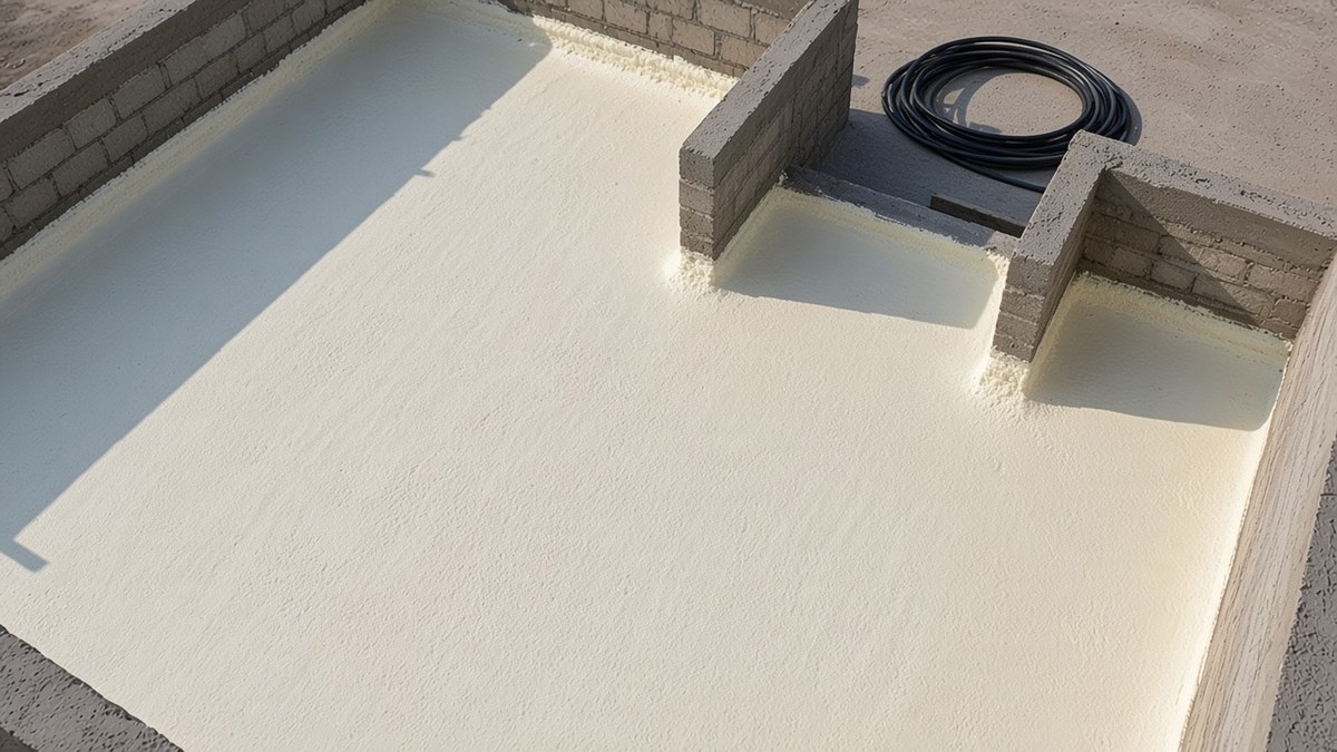 Concrete roof after spray foam roof insulation, with foam covering the deck and parapet corners
