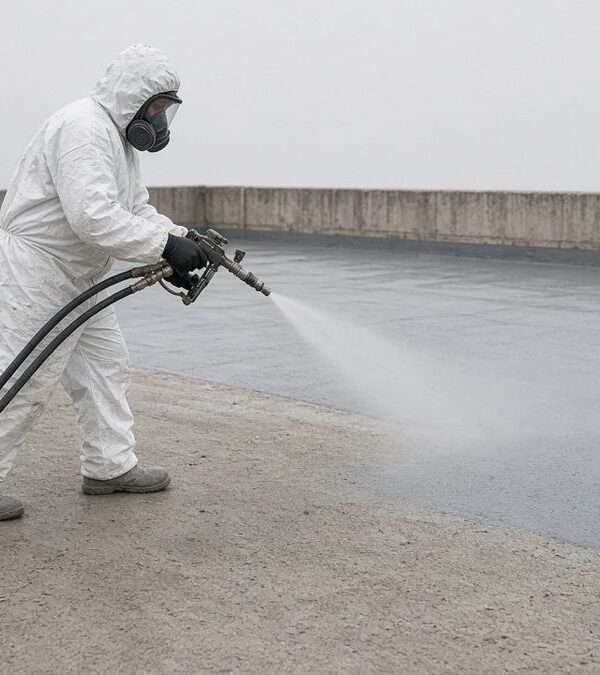Applying a spray polyurethane membrane with a plural-component gun on a concrete roof