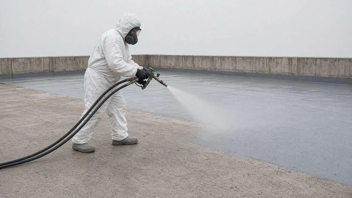 Applying a spray polyurethane membrane with a plural-component gun on a concrete roof