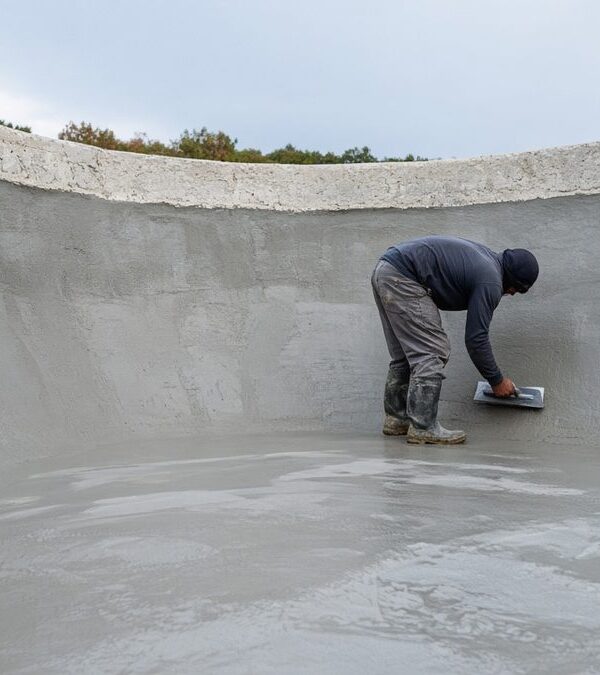 Swimming pool waterproofing with a cementitious coat inside an empty concrete pool