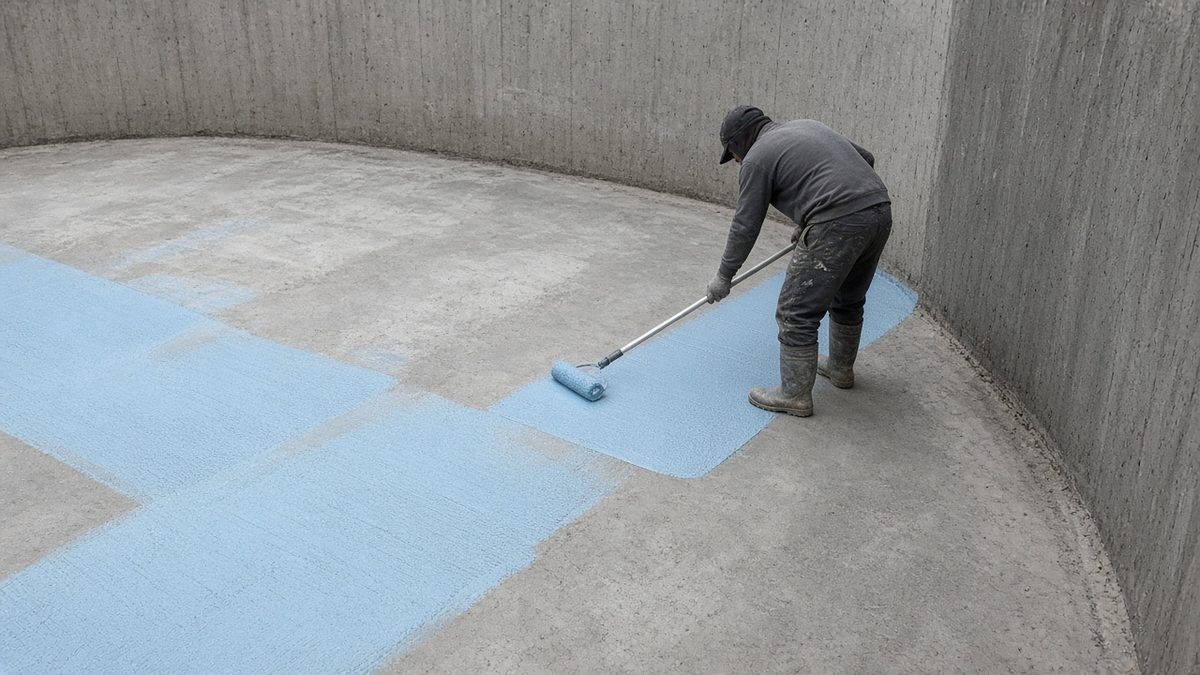 Rolling a chlorine-resistant finish as part of swimming pool waterproofing