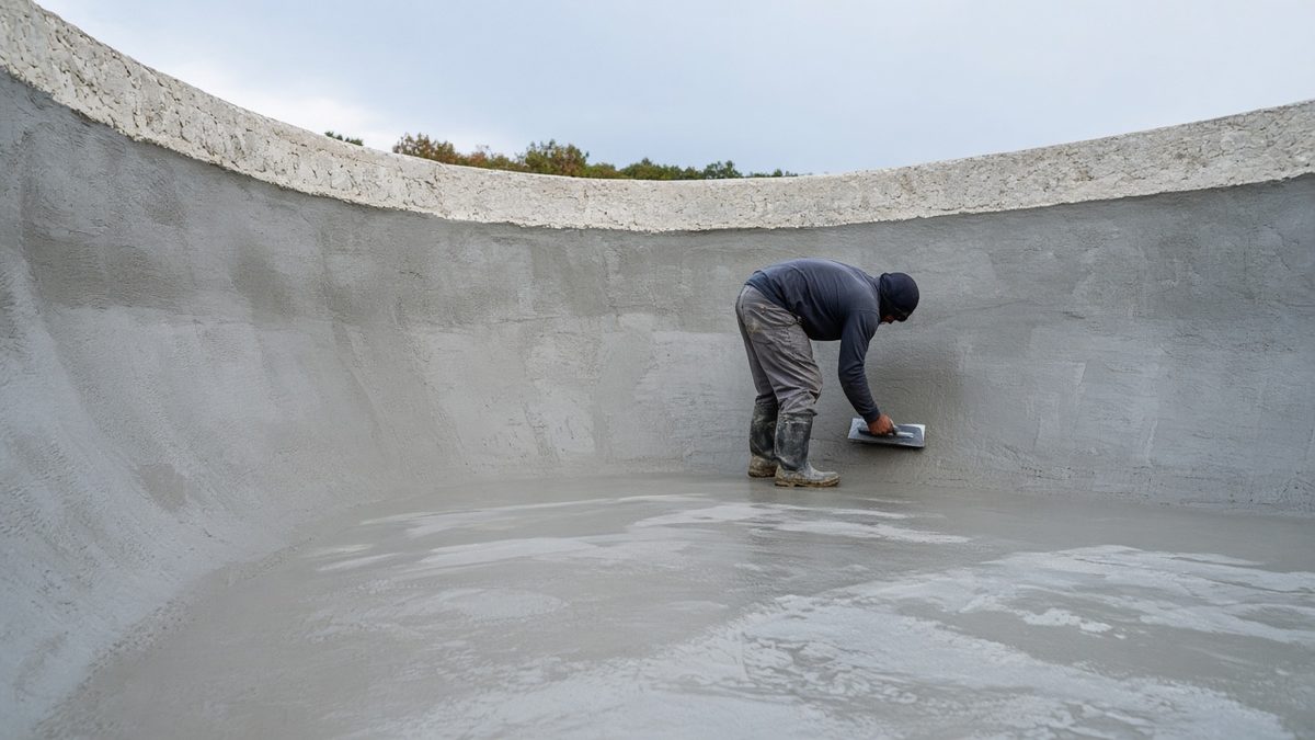 Swimming pool waterproofing with a cementitious coat inside an empty concrete pool