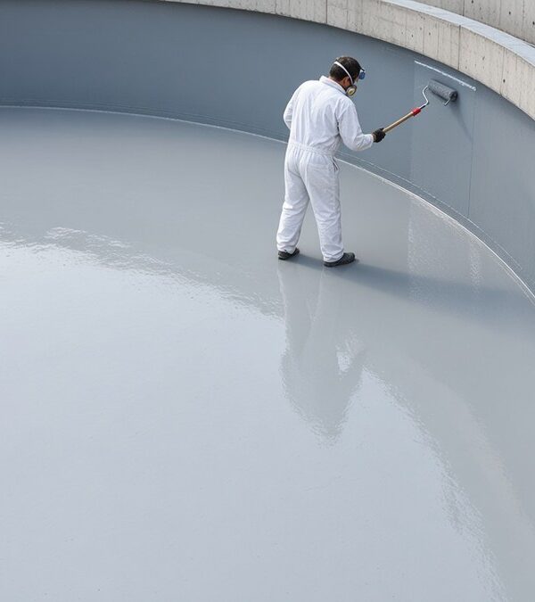 Water tank waterproofing: elastomeric lining on the floor and walls of a round concrete tank