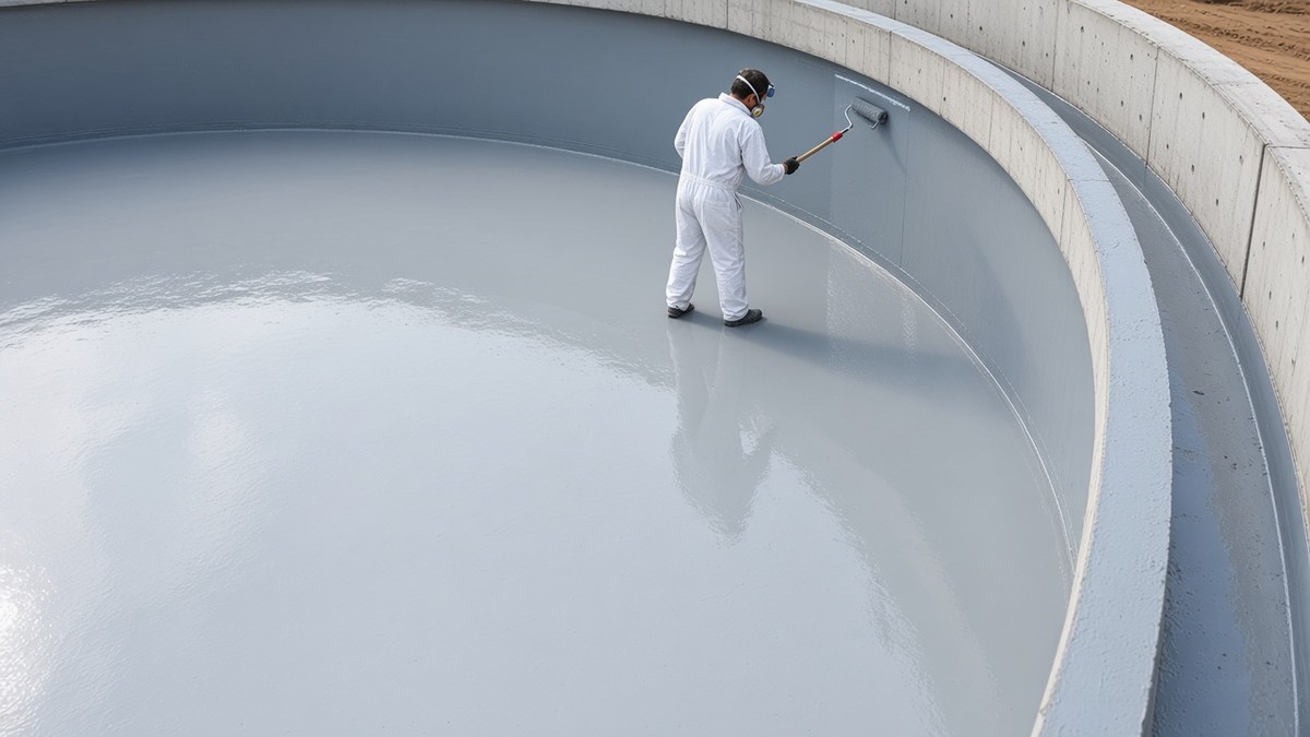 Water tank waterproofing: elastomeric lining on the floor and walls of a round concrete tank