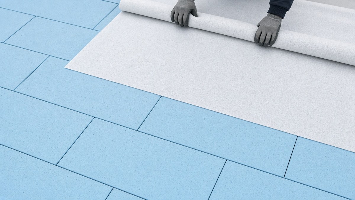 Unrolling a geotextile separation layer over XPS insulation boards on a roof