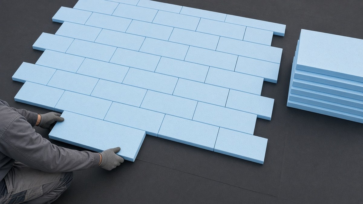 Laying blue XPS insulation boards tightly over the roof waterproofing membrane